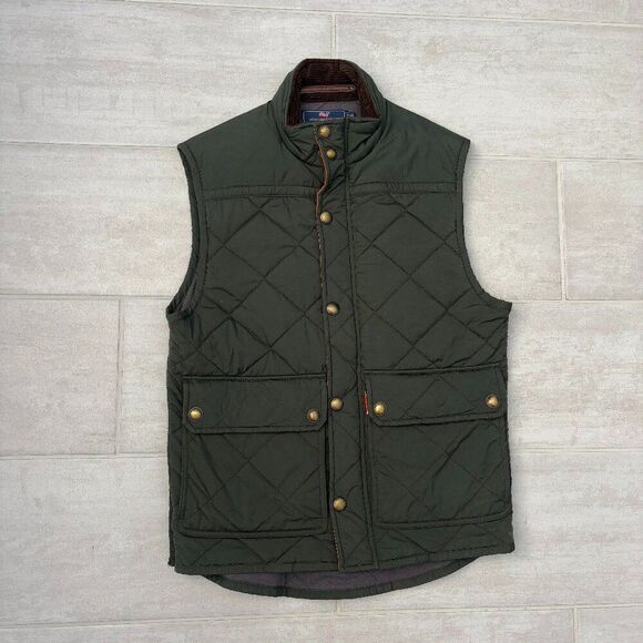 Vineyard Vines Vest Hunter Green Orange Trim XS Puffer Pockets Zip Button Preppy - Picture 1 of 11